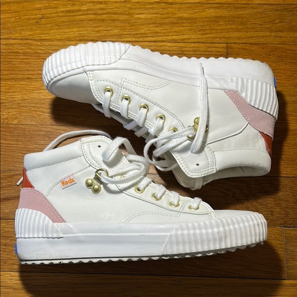 Keds Shoes - Keds White and Pink High-Top Sneakers with Textured Sole